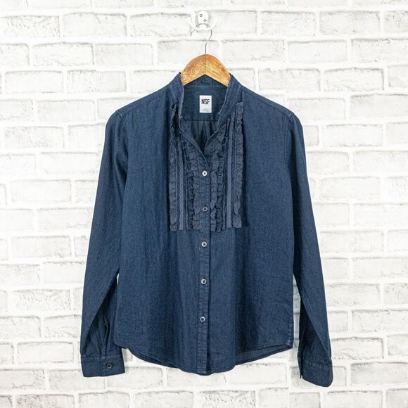 NSF bib Ruffle front Denim Button up Shirt in blue Size Small - Picture 1 of 7